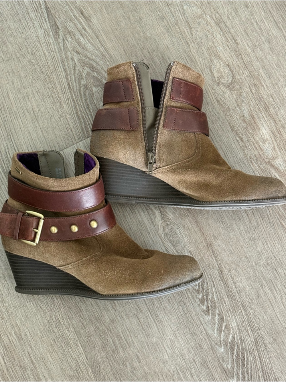 Suede Tan Wedge Ankle Boots with Brown Leather Strap